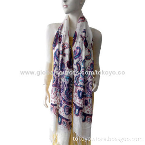 Paisley printed scarf with cut screen/made of viscose and modal/measures 180*70+8cm, tassels